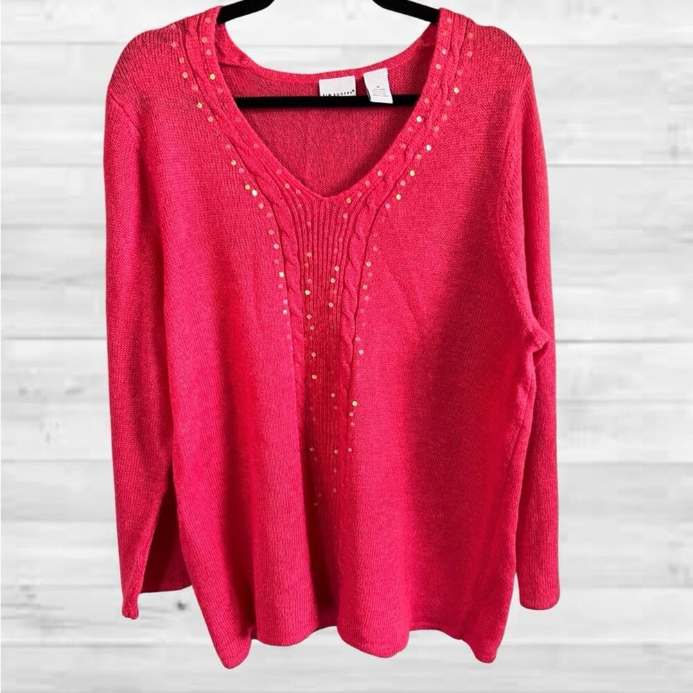 Kim Rogers plus Size 1XL Vibrant Pink Soft light Sweater, V-Neck Sequin Detail